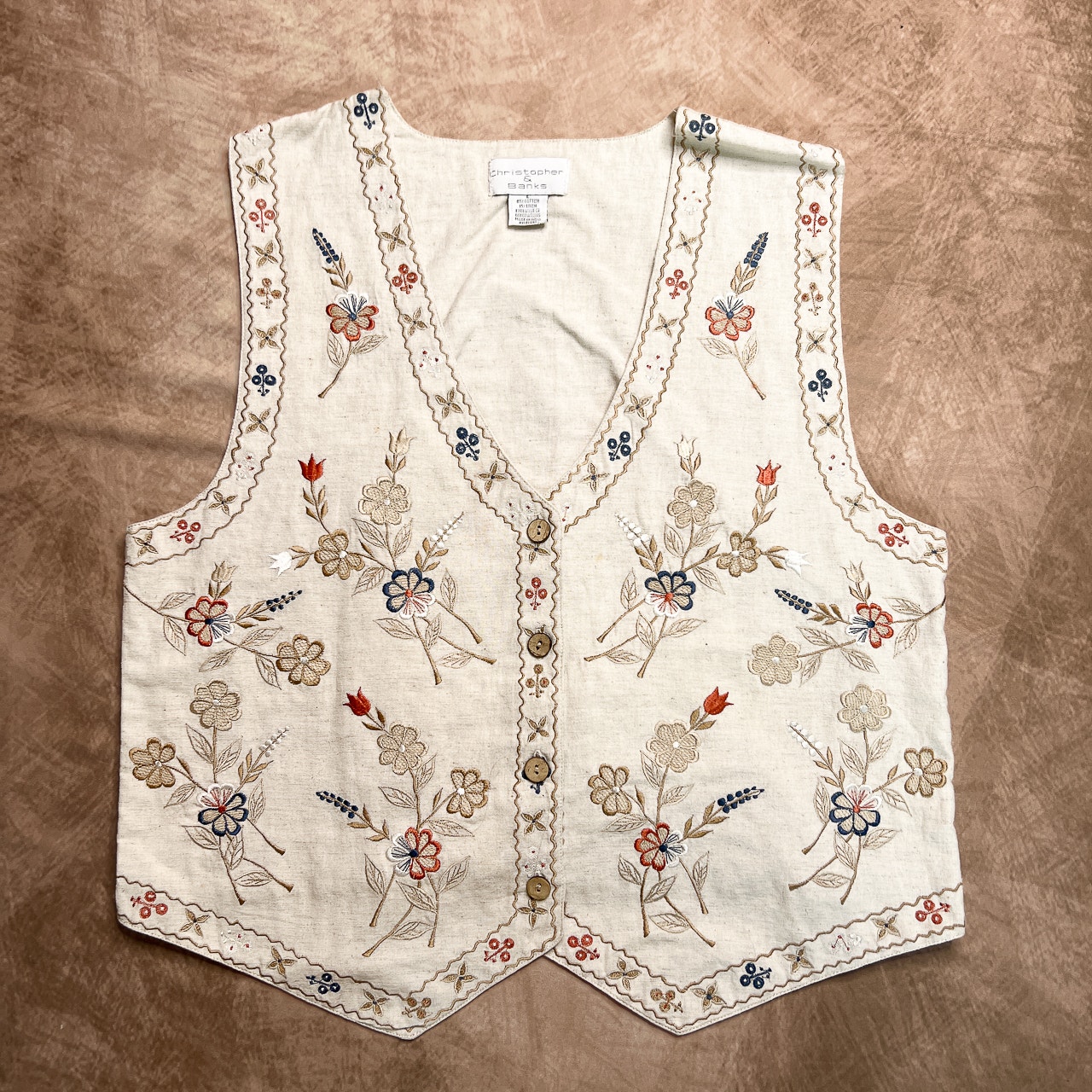 Christopher & Banks Vintage Floral Embroidered Vest Cream Multicolor Sleeveless