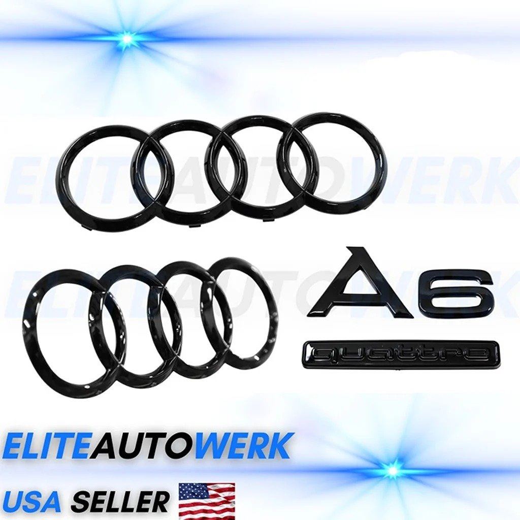 Audi A6 Front Rear Rings Emblem Gloss Black Trunk Logo Quattro Badge Set OE 4PC