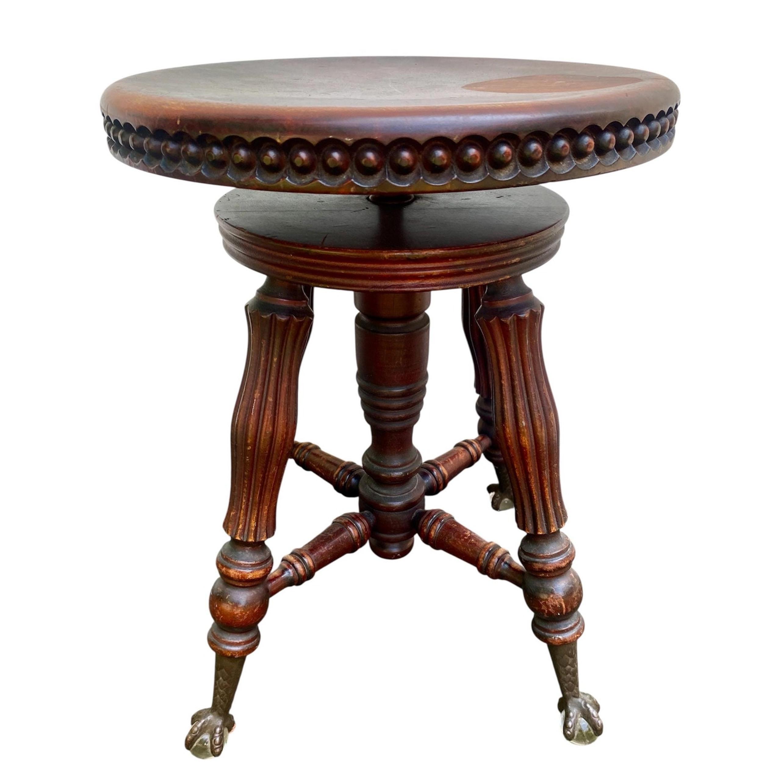 Antique Piano Stool Dark Brown Swivel Seat Eagle Claw Glass Ball Footed