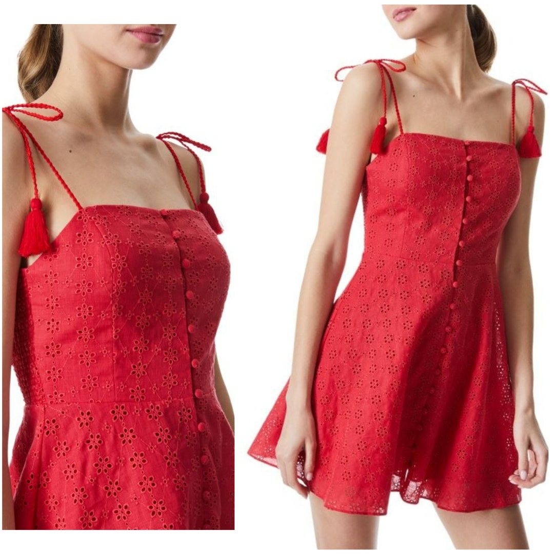 ALICE + OLIVIA Glinda Linen Eyelet Tassel Strap Mini Dress Red | 2
