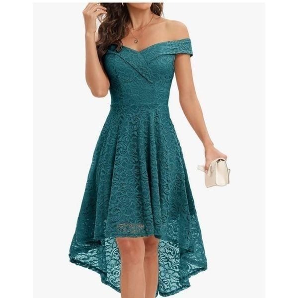 NEW Elegant Floral Lace Dress Off The Shoulder High Low Hem XS