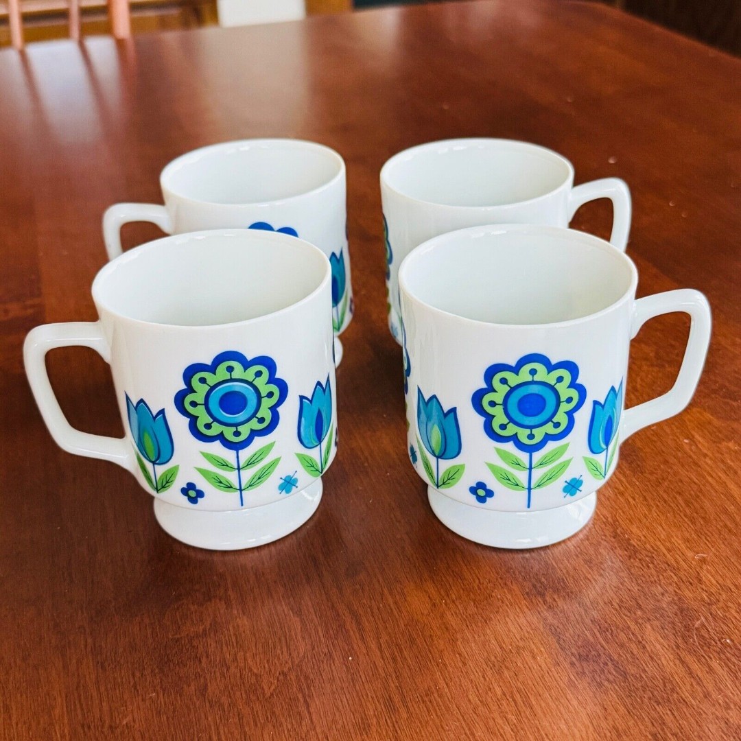 Midcentury Ceramic Pedestal Mugs Mod Blue Flower Power Set of 4 Stackable