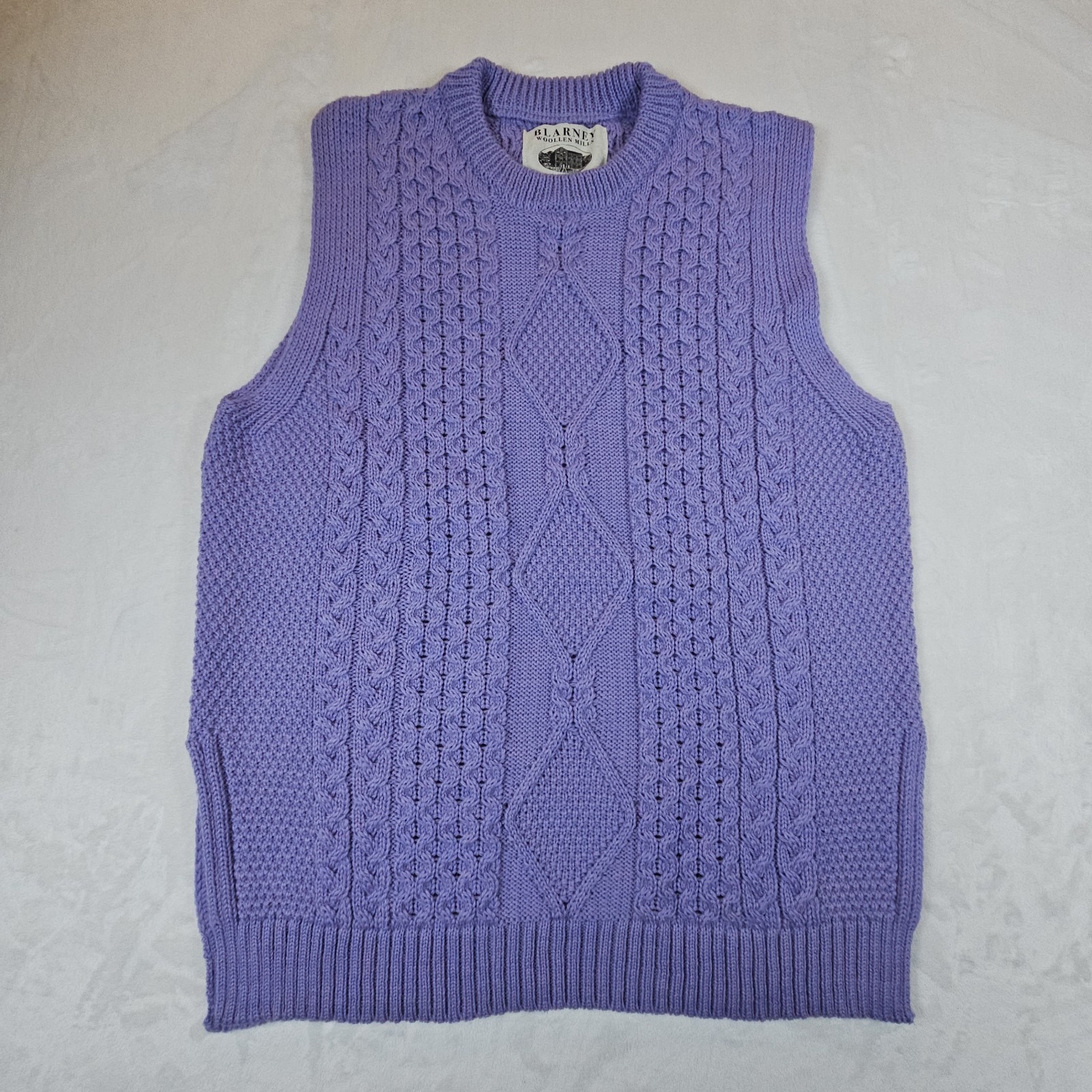 Blarney Woollen Mills Purple Sweater Vest Sz L 100% Wool Fisherman Cable Knit