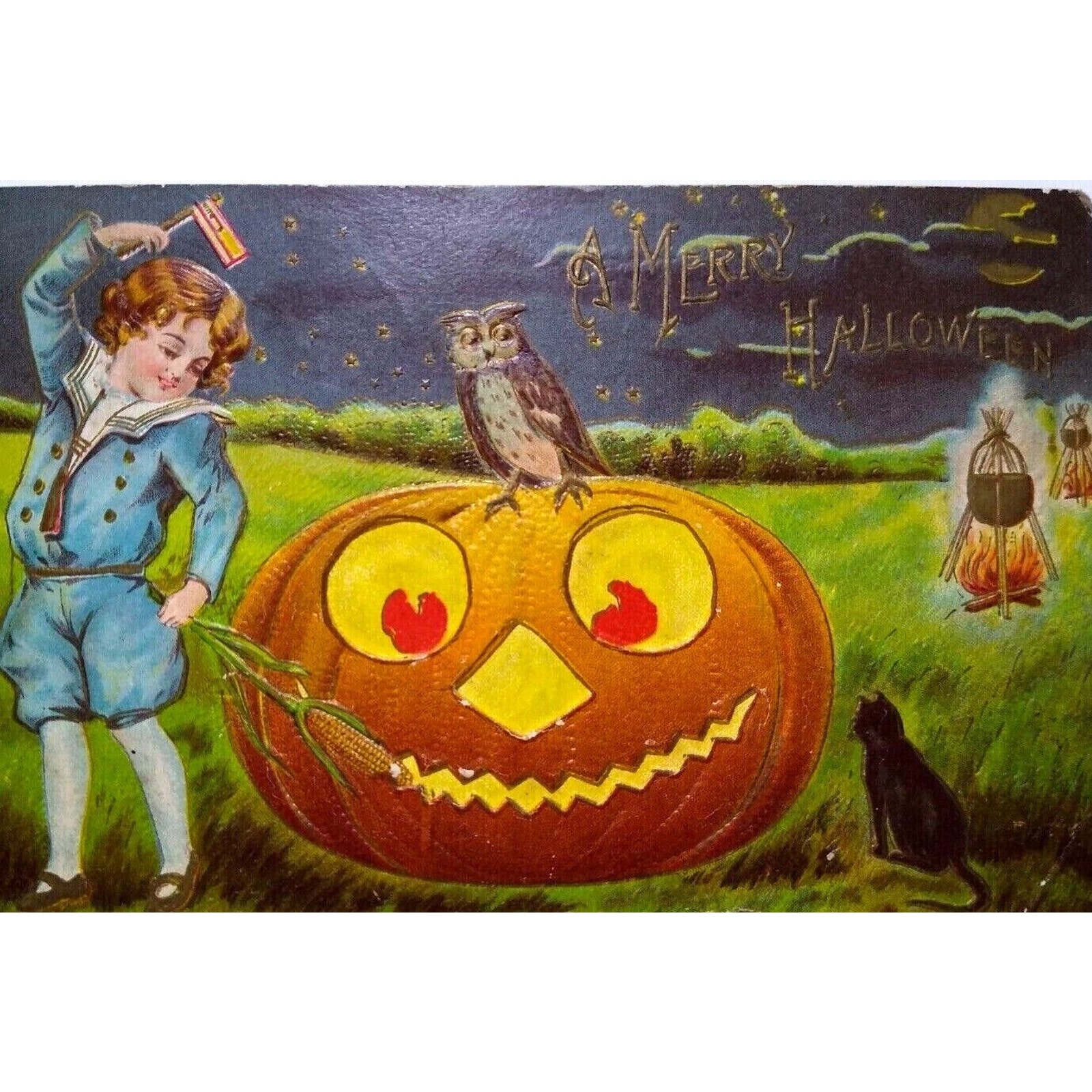 Victorian Halloween Postcard Fantasy Child JOL US Flag Black Cat Owl Cauldrons