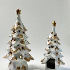 Vintage Ceramic Snow Covered Tealight White Gold Christmas Trees Set / Pair.