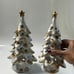 Vintage Ceramic Snow Covered Tealight White Gold Christmas Trees Set / Pair.