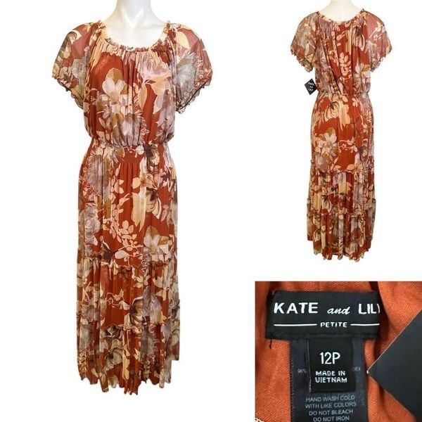 Kate & Lily maxi dress 12Ptan/copper floral smocked waist stretch spring