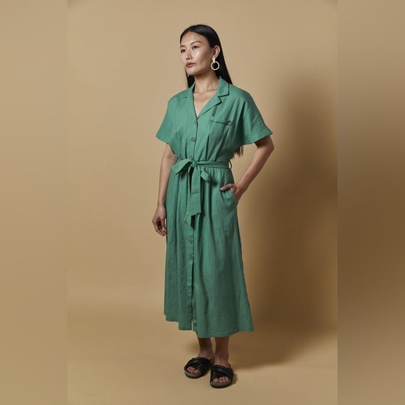 Lush Linen Shirt Midi Dress Green Belted Size Small