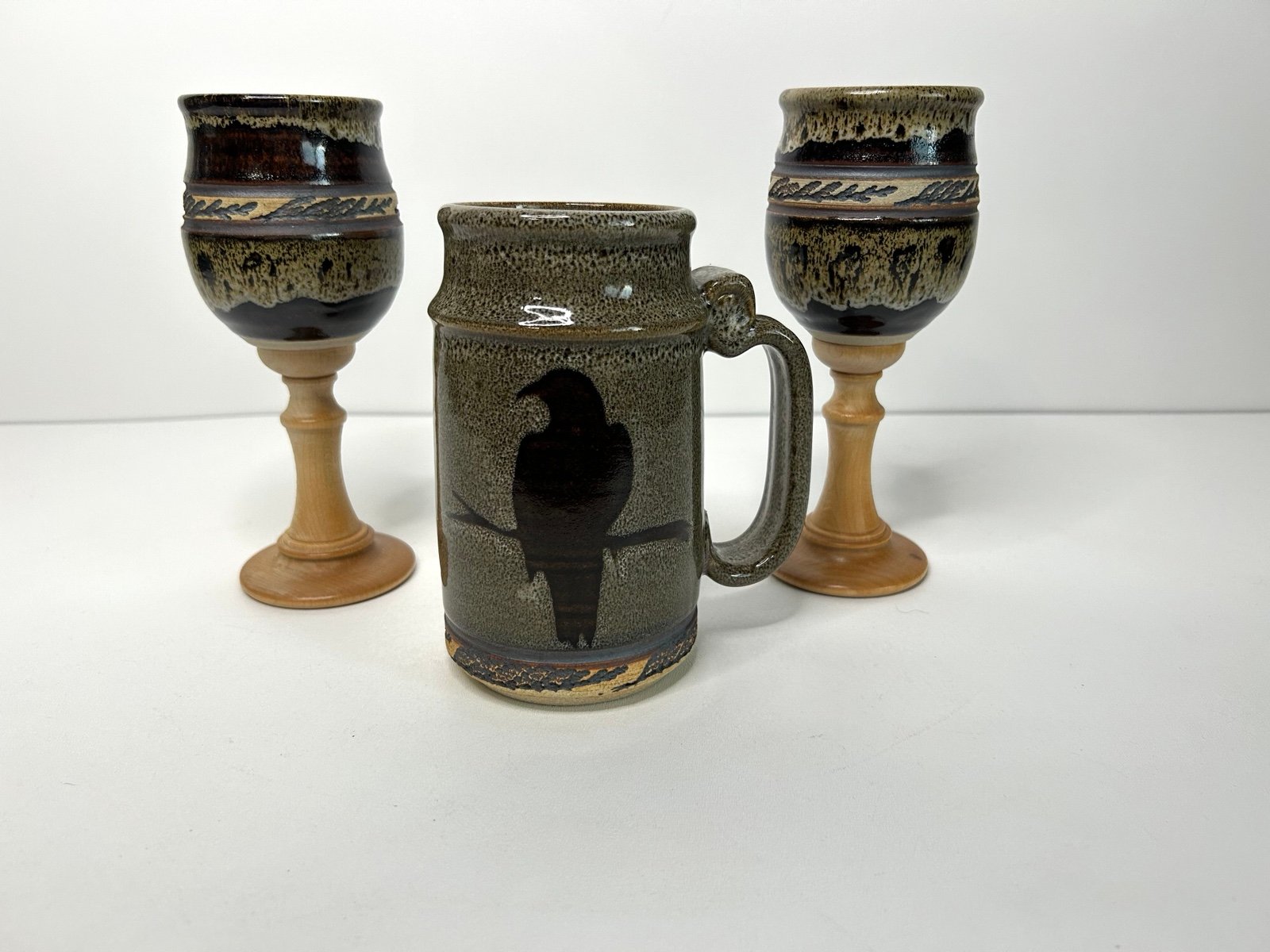 MCM Brutalist Crow Mug & Goblet Set Pottery Salt Works Monroe?? Black Bird