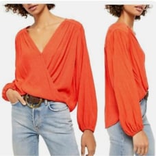 FREE PEOPLE Check On It Wrap Top Orange Flame Color