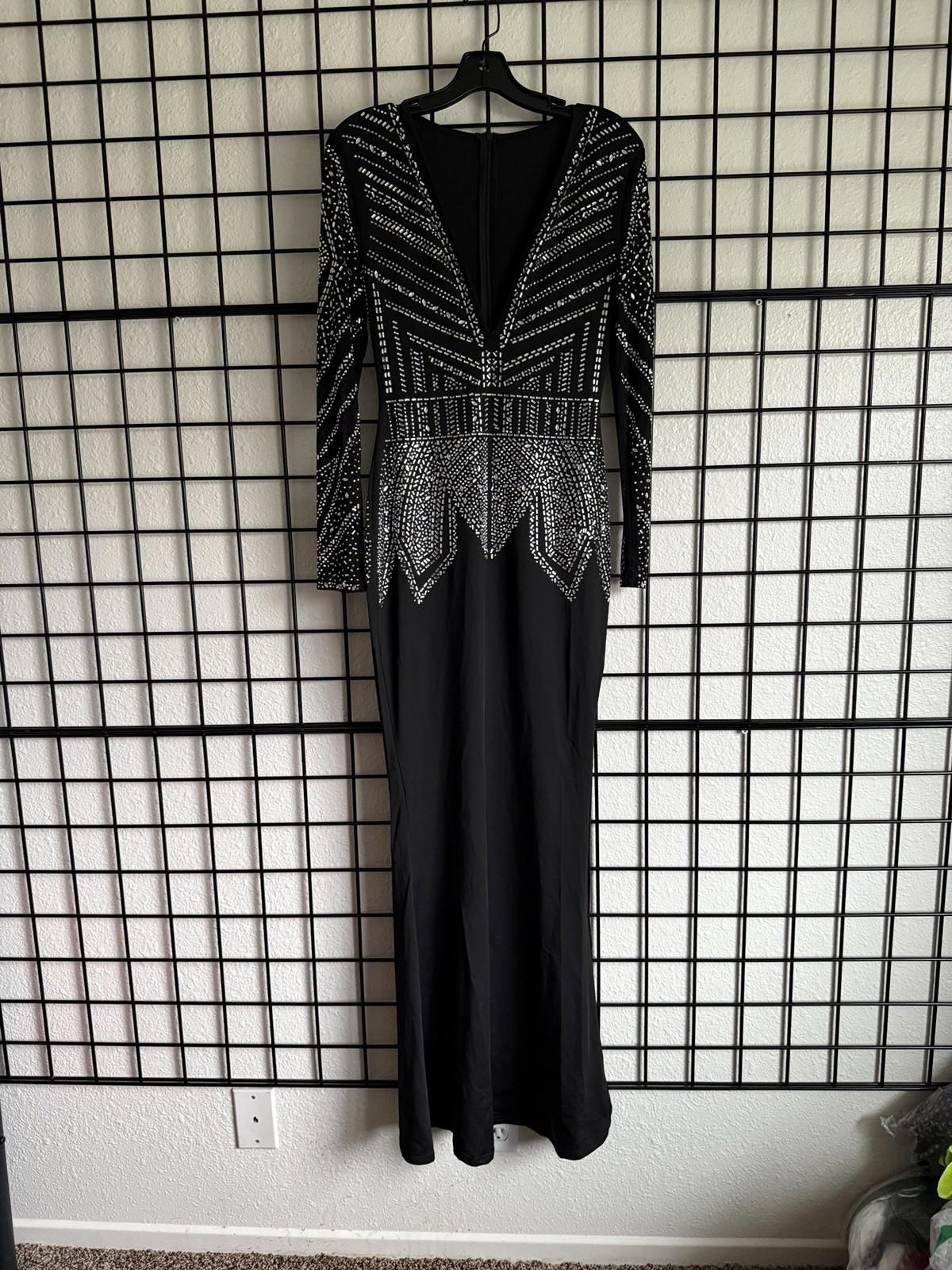 Women Beading Rhinestones V-Neck Long Sleeve Bodycon Mini Party Club Dress Small
