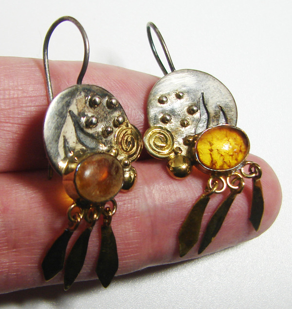 Collector's Vintage 925 Sterling Silver Gold Gemstone Amber Shield Earrings