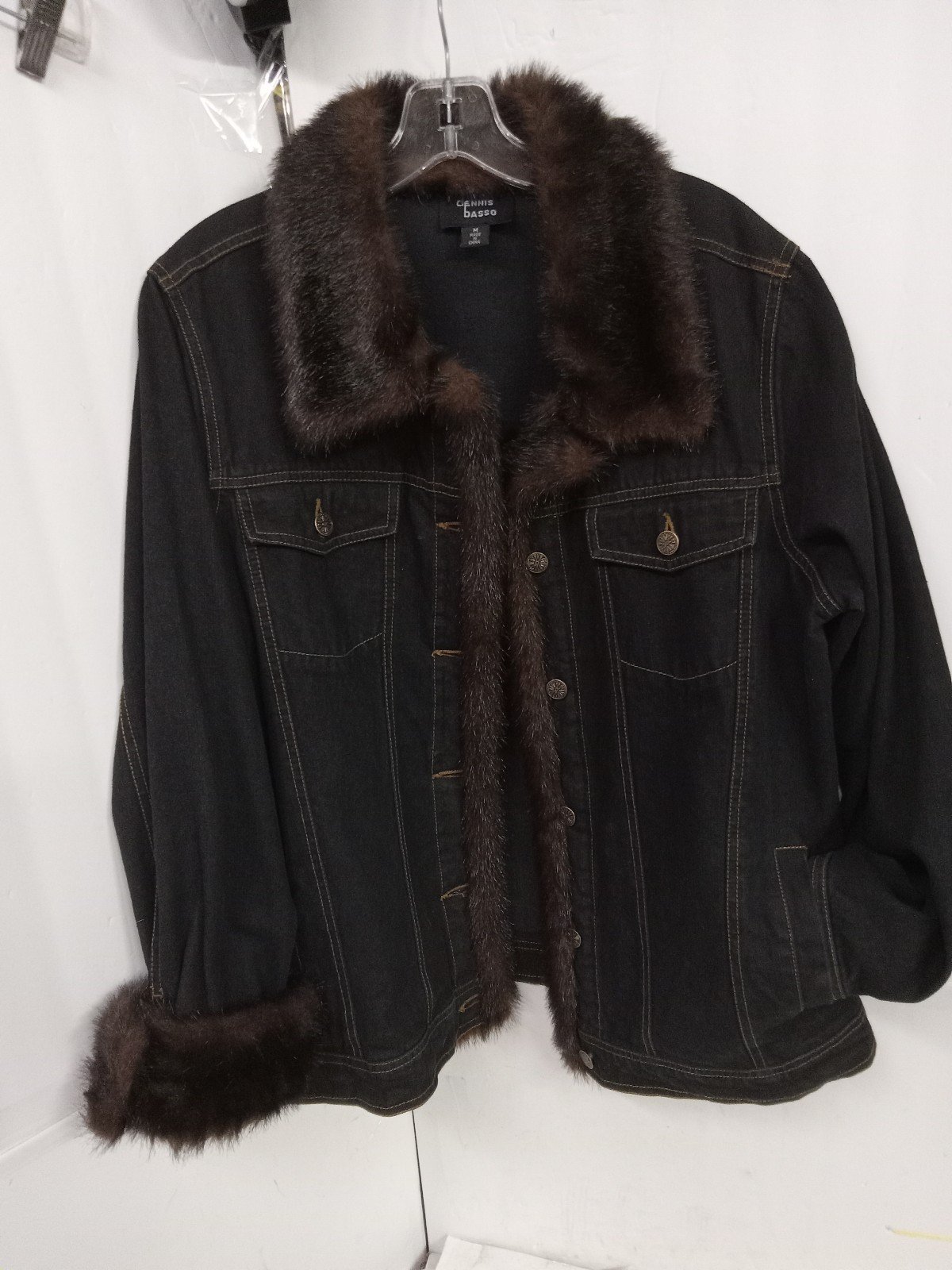 Dennis Basso Faux Fur Denim Jean Jacket Black with Brown Fur Trim Size M