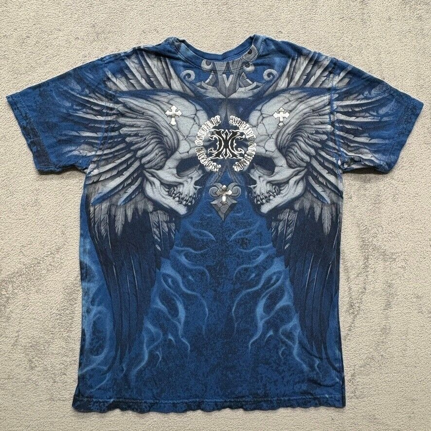 Y2K Xtreme Couture By Affliction T-Shirt Mens Large Blue Skulls Wings Feathers