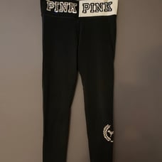 VS PINK YOGA LEGGINGS BLACK WHITE COLORBLOCK DOG PUP CREST BLING LOGO HTF MEDIUM