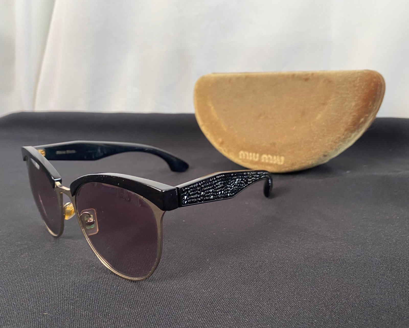 Miu Miu SMU54Q 1AB-3E2 Sunglasses Black & Gold Black Rhinestone Crystals W/ Case