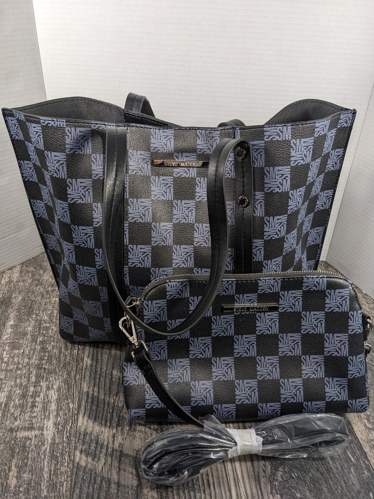 Steve Madden BTeresa Black Grey Logo Tote with Crossbody Bag