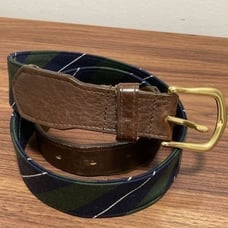 FH Wadsworth Mens’ Hand Sewn Leather Tab Belt in Blue/Green Tartan Stripe.