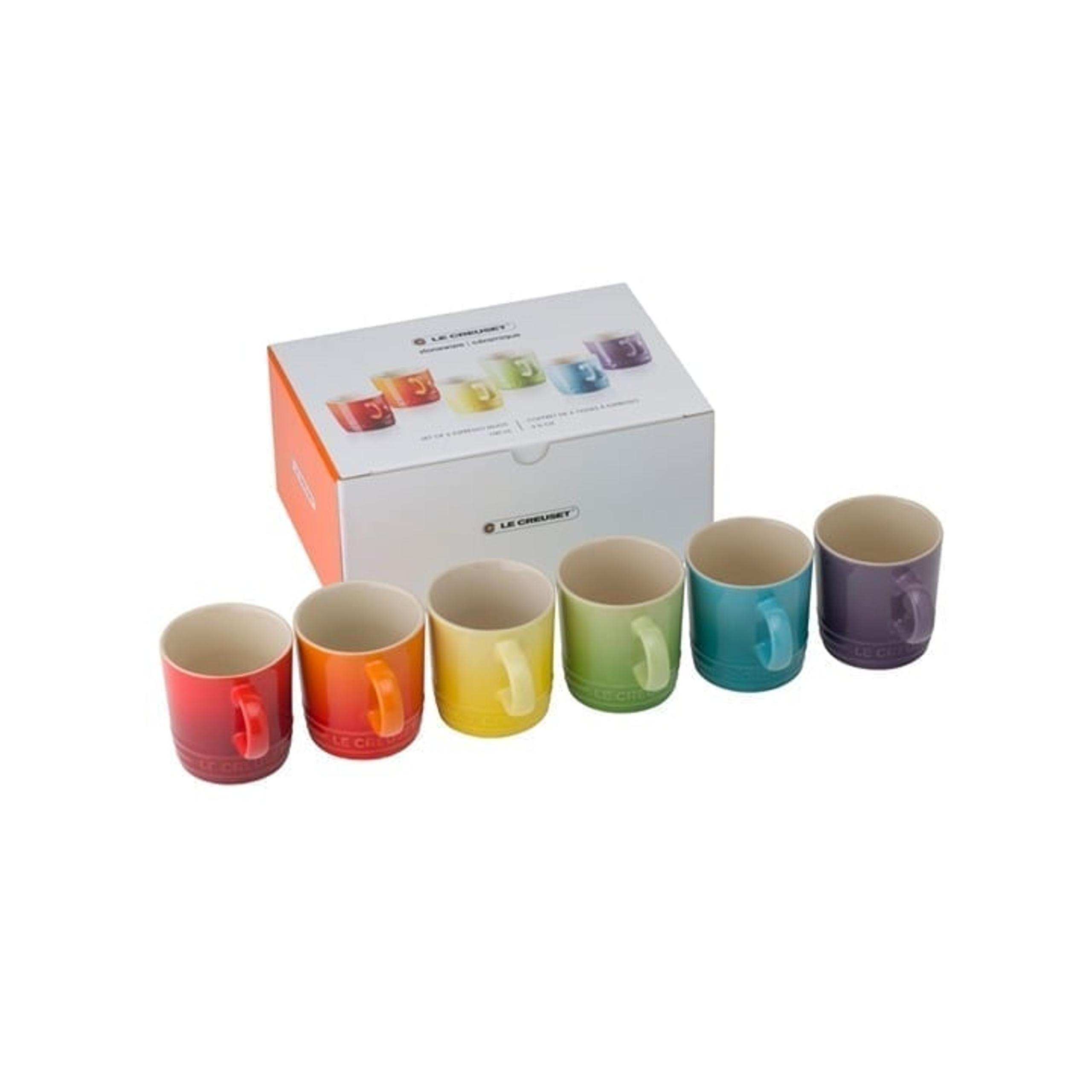 Le Creuset Stoneware Rainbow Multicolor Set of 6, 3.5oz London Espresso Mugs NEW