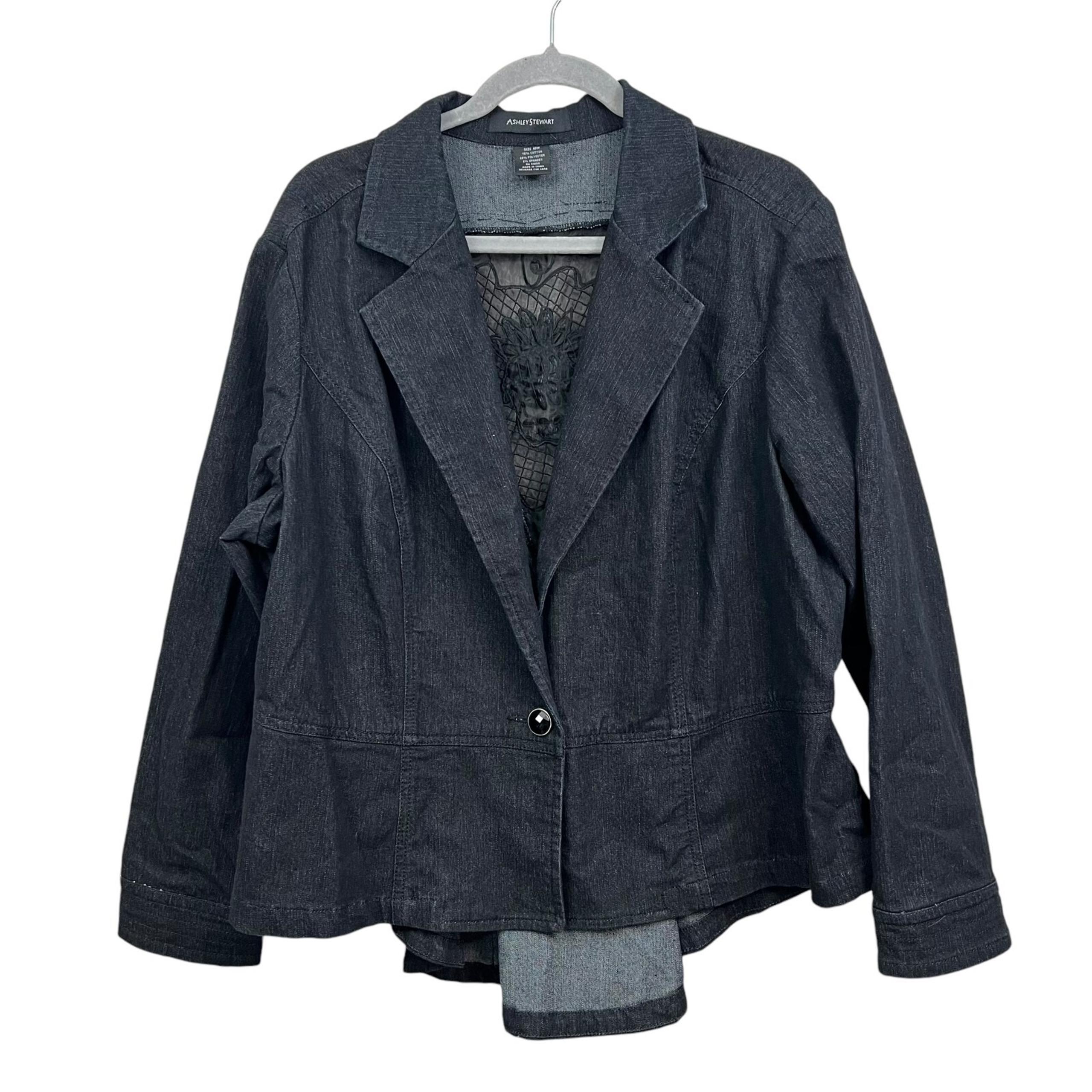 Ashley Stewart Women Denim Jacket Collared Lace Beaded Ruffled Hi Low Hem Sz 18W