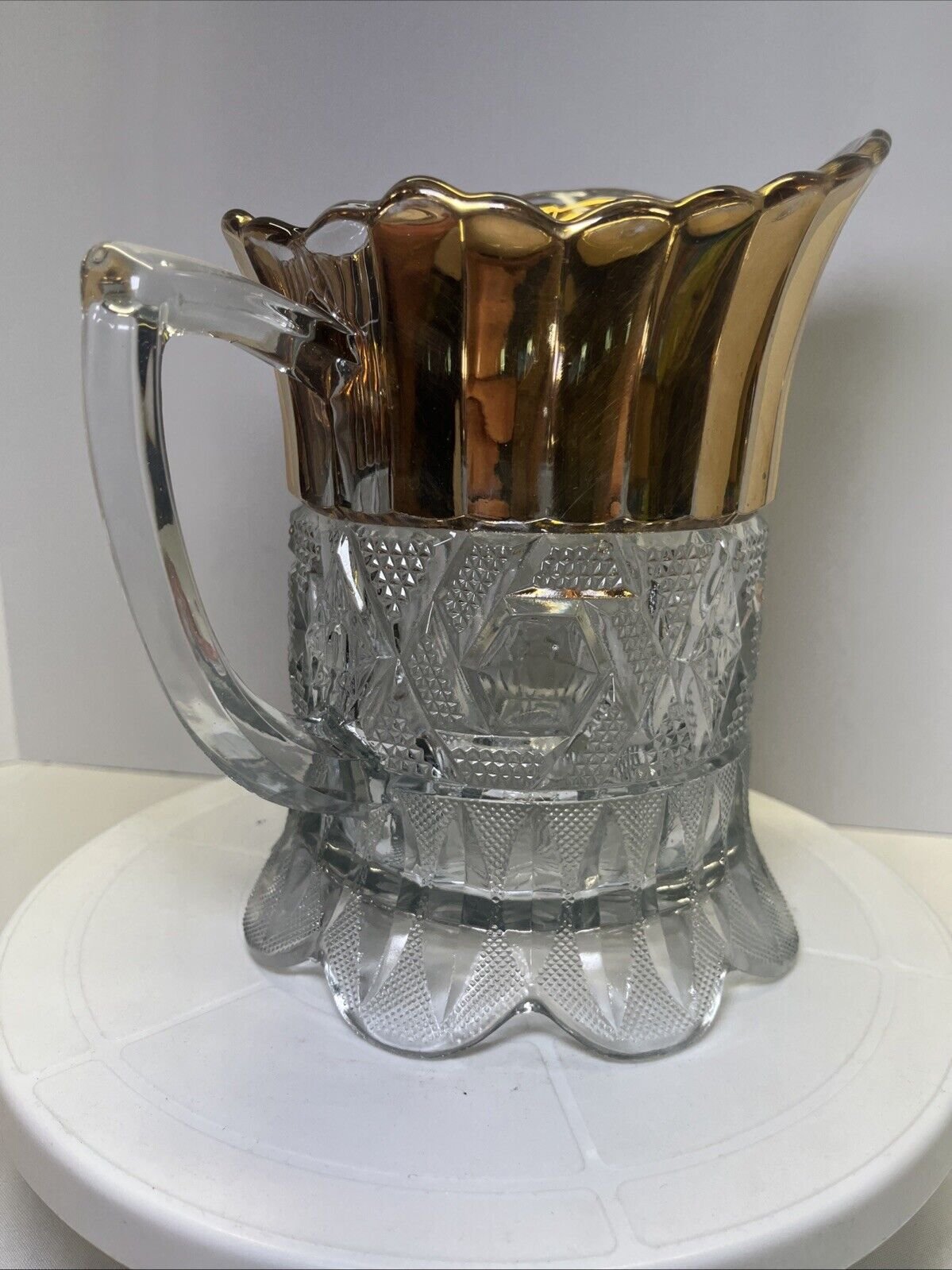 Vintage EAPG Water Pitcher With Gold Top Diamond And stars and triangles Ptrn