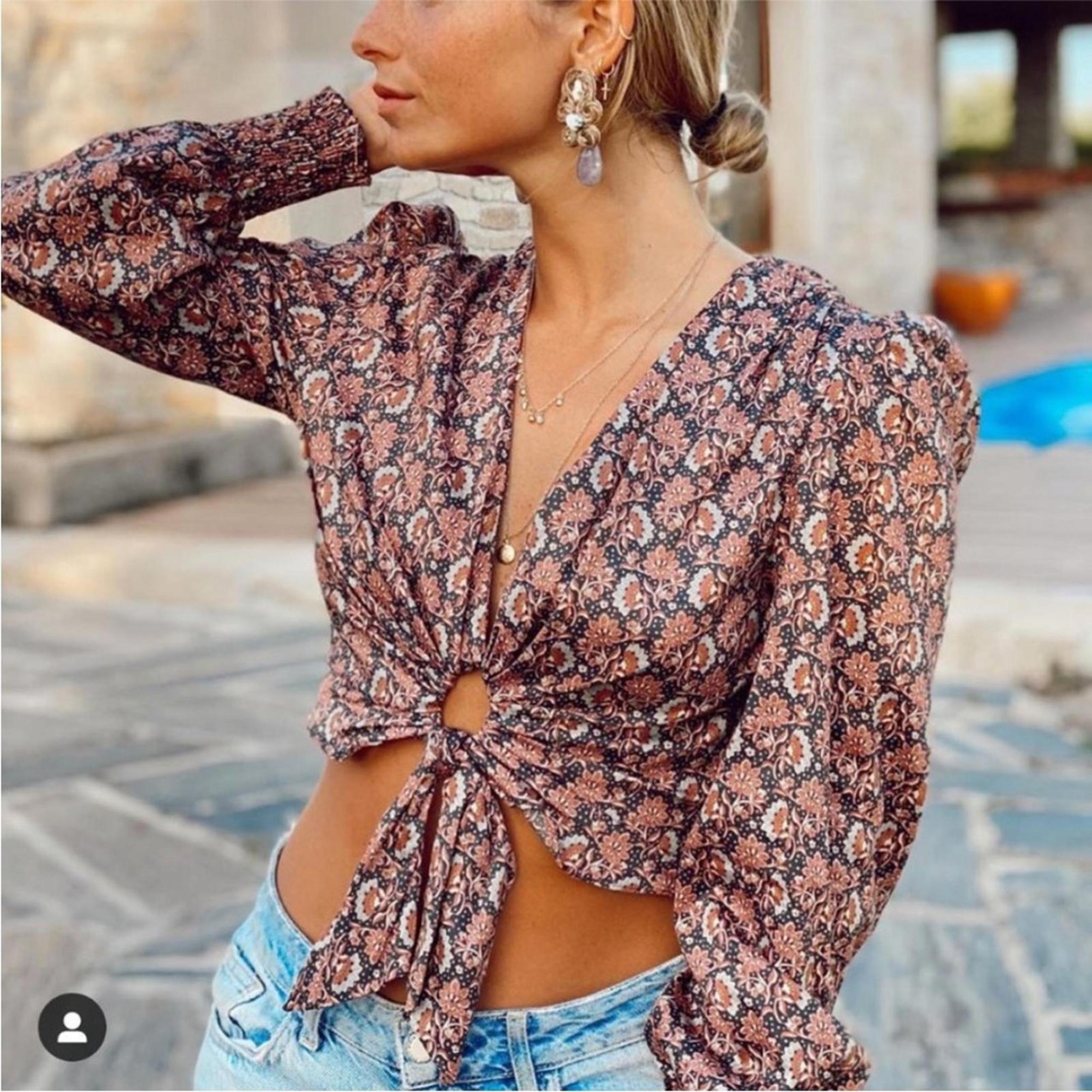 Zara SS20 Printed Blouse with Knot and Long Sleeves Size Small Bloggers Favorite