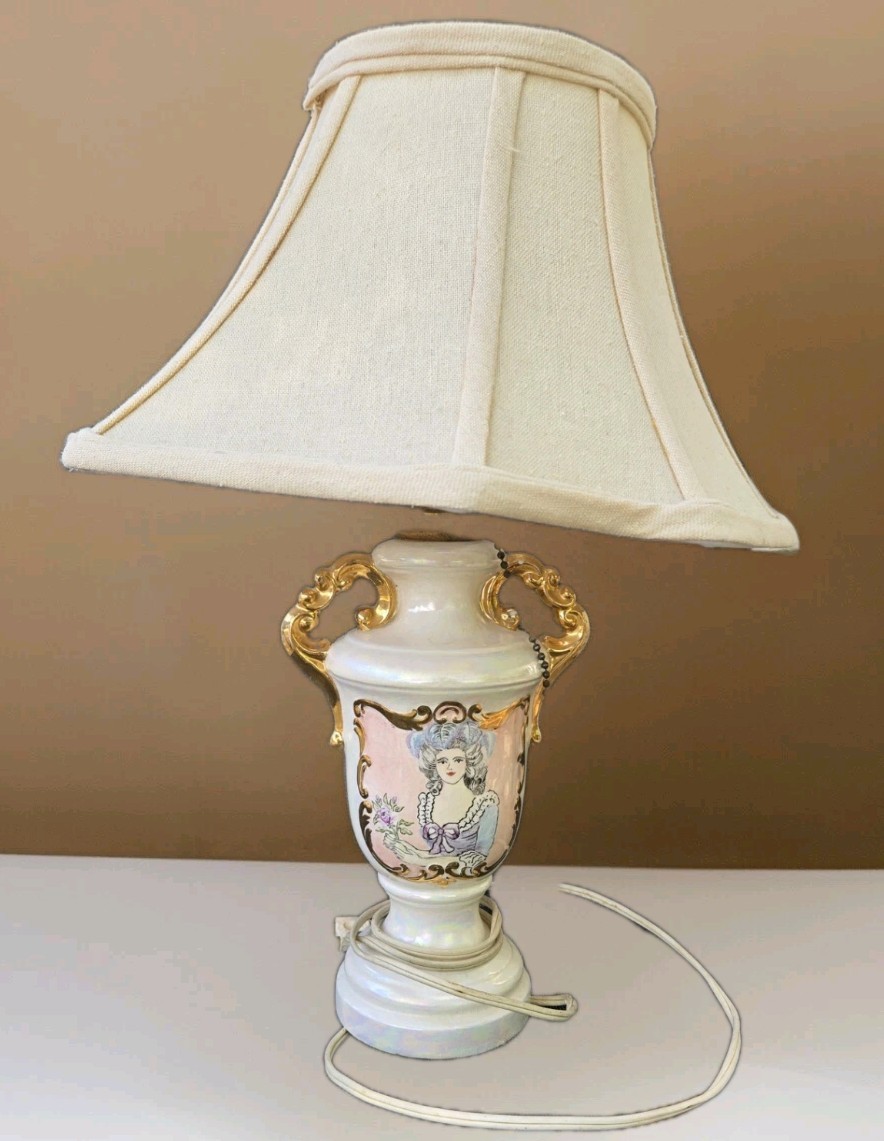 Working Victorian Style Antique Porcelain Lamp With Lady And Handles Shade