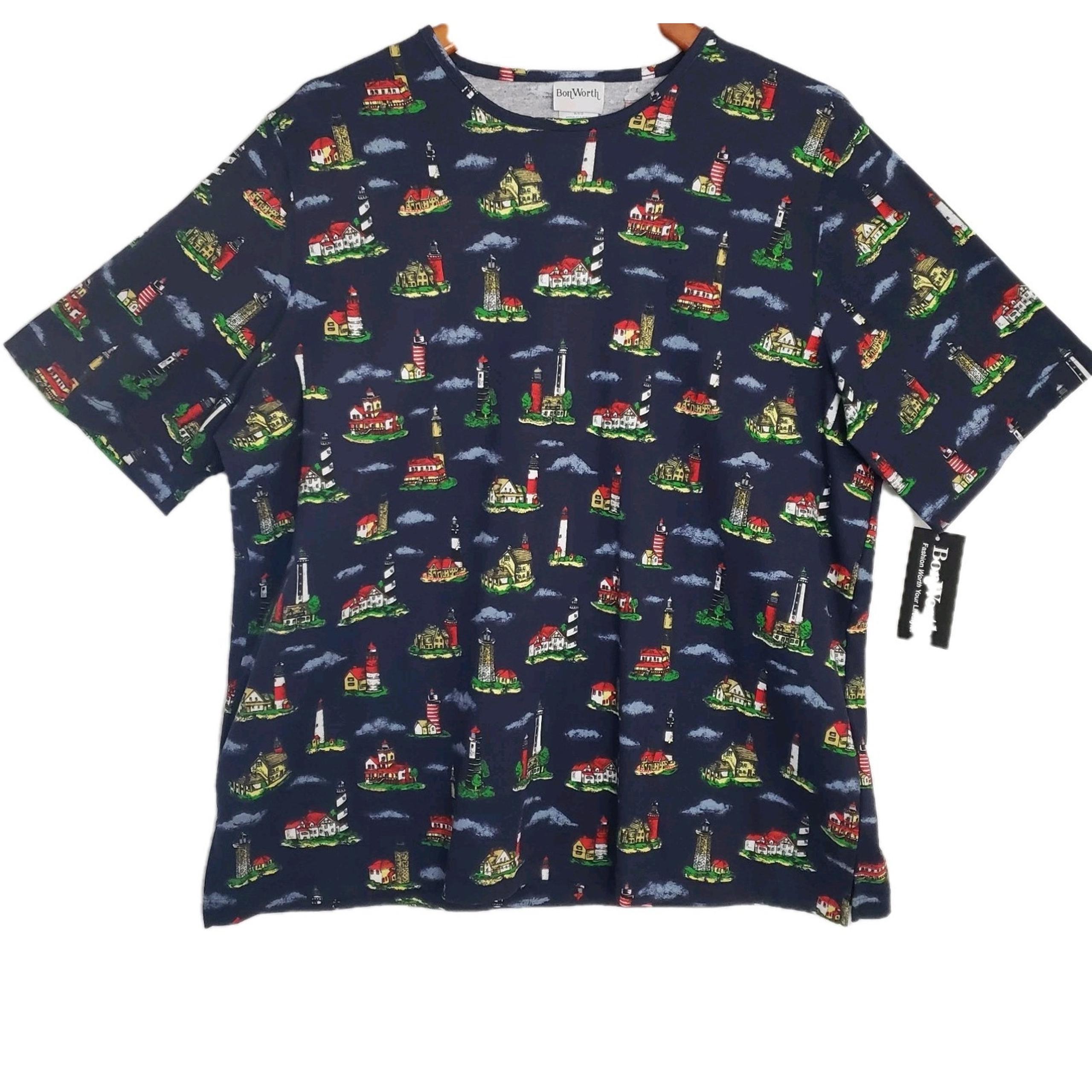 BonWorth Womens Shirt Top Blouse Size L Large Multicolor Lighthouse NEW