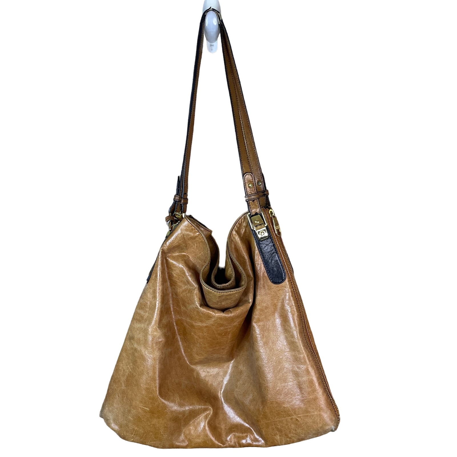 Badgley Mischka Lena Two Tone Cognac Black Zipper Side Large Tote Bag