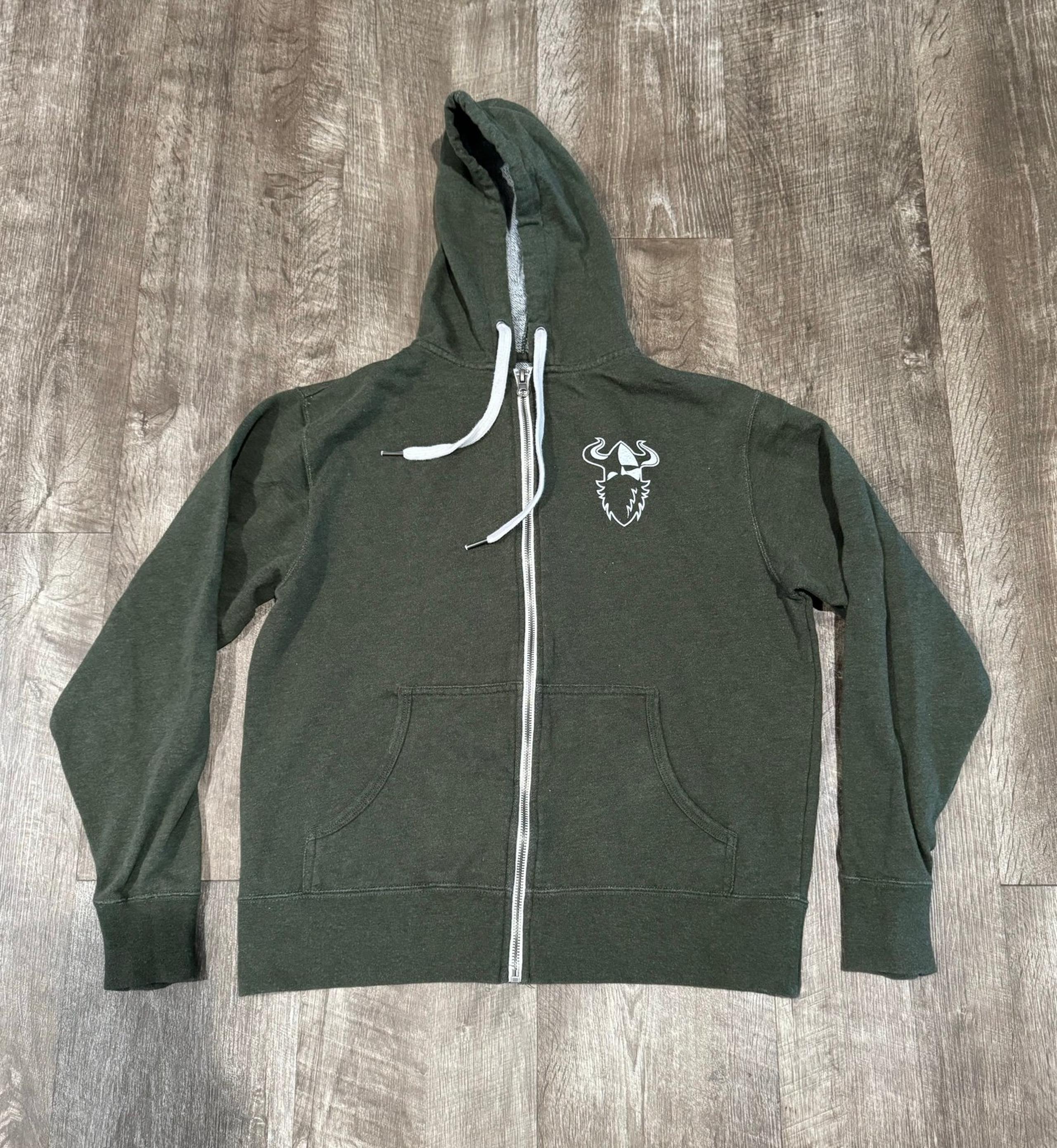 Drekker Brewing women’s olive green zip up hooded sweater size medium