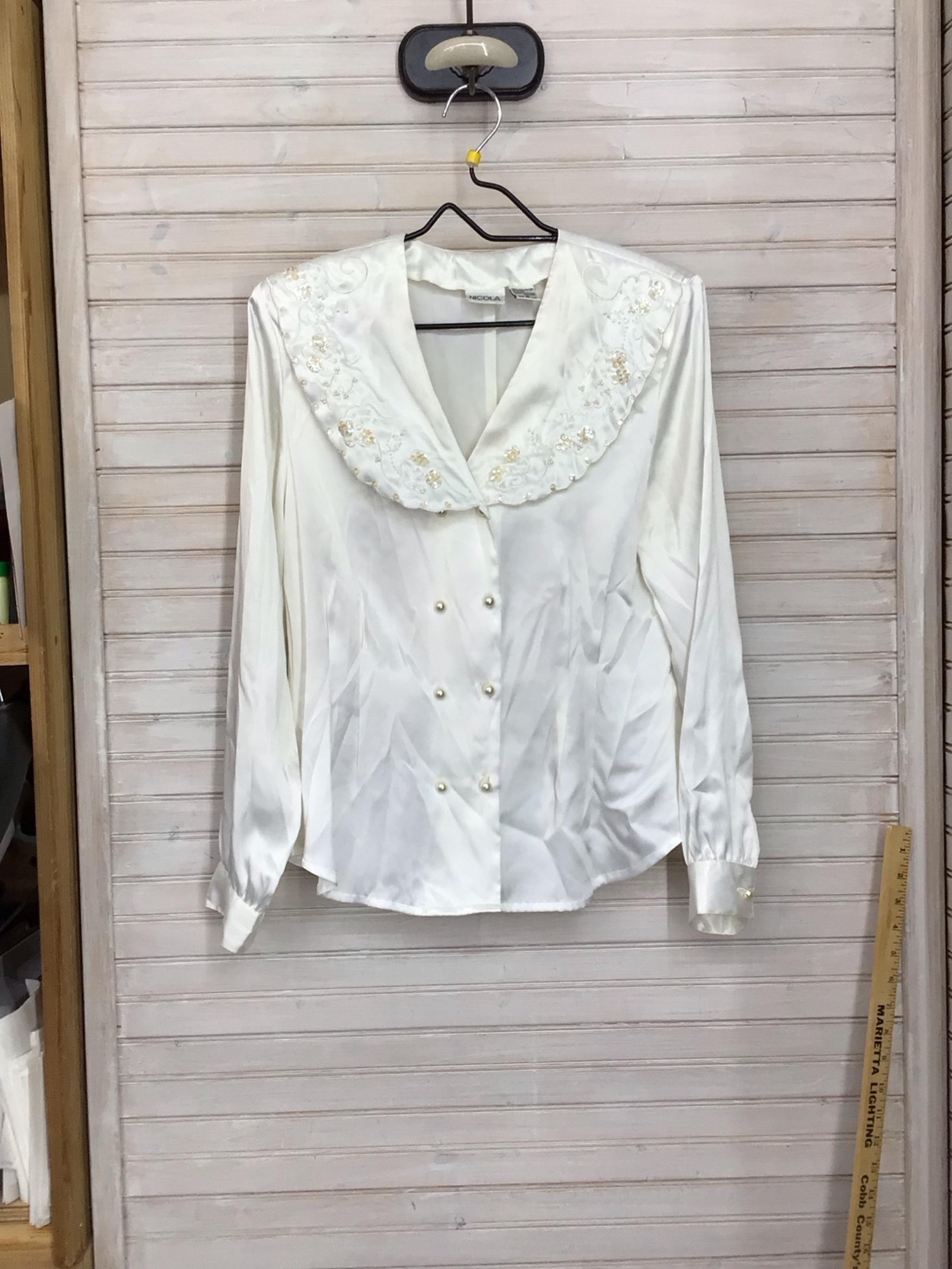 Vintage 80s Nicola Women’s 10 Ivory Satin Blouse w/ Darts in Back Taken Out
