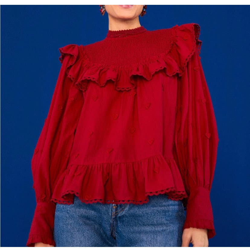 FARM RIO Heart Ruffle 3D Applique Blouse Long Sleeve Top Small