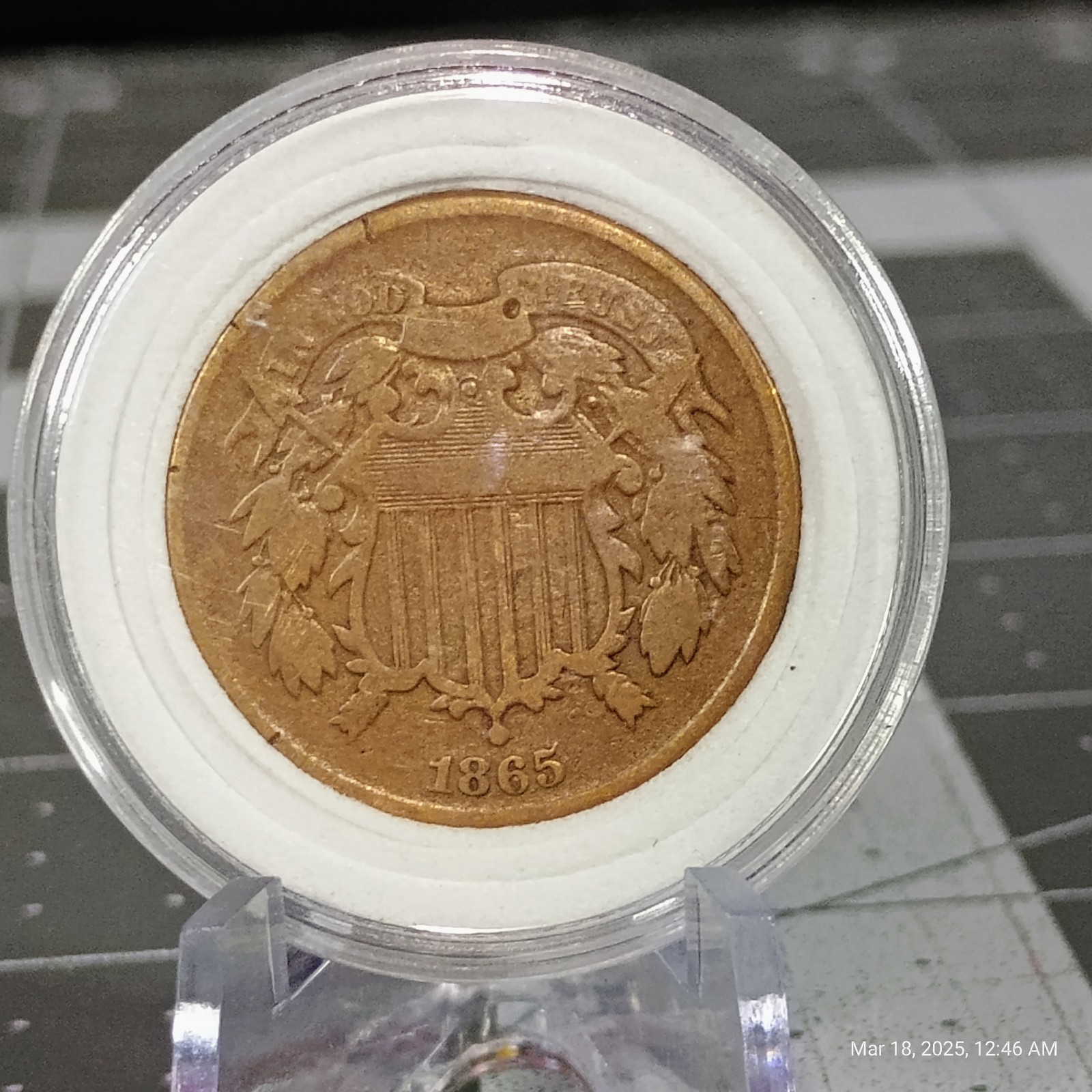Antique US Mint 1865 2 Cents Union Shield Coin K#94 (VF) +18-22kt Vial Gold Leaf