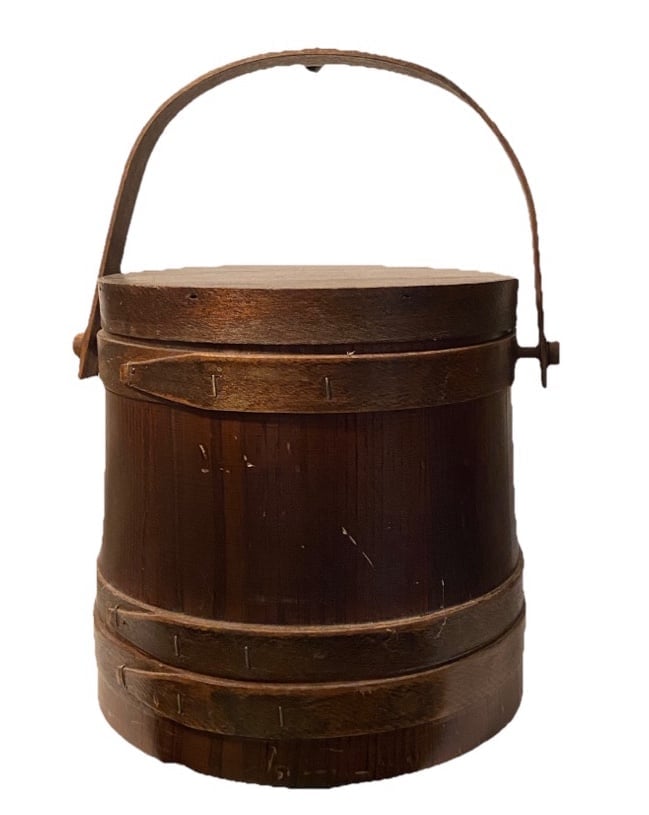 Antique Prim Firkin Dark Wooden Sugar Bucket Drop Handle & Lid H-10”3 Bands
