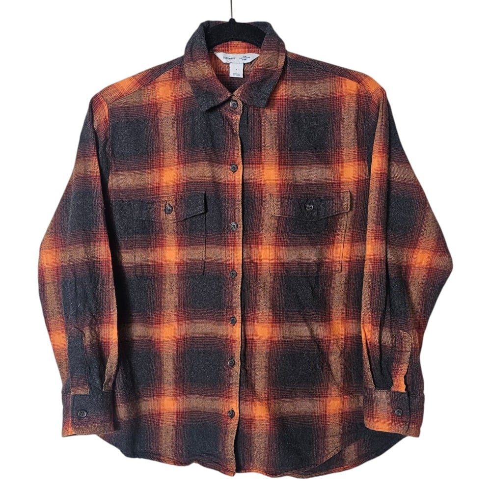 Old Navy Small The Boyfriend Shirt Flannel Evermore Orange Black Fall Autumn