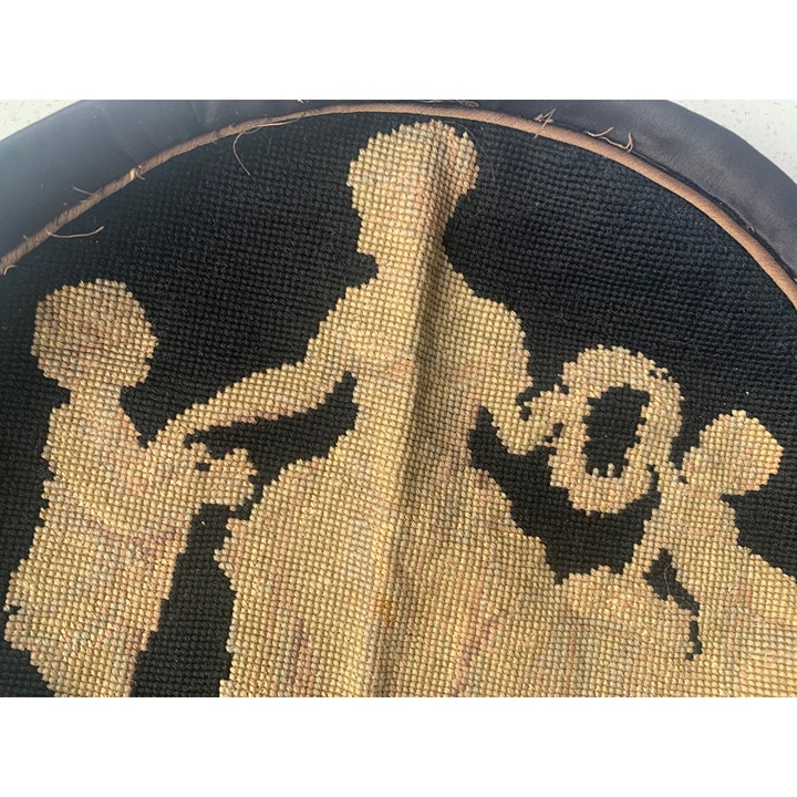 Antique Victorian Cross Stitch Seat Cover 12” diameter French Country Silhouette - detail
