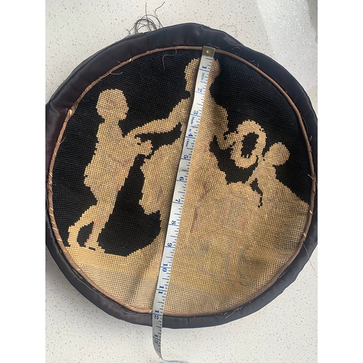 Antique Victorian Cross Stitch Seat Cover 12” diameter French Country Silhouette - detail