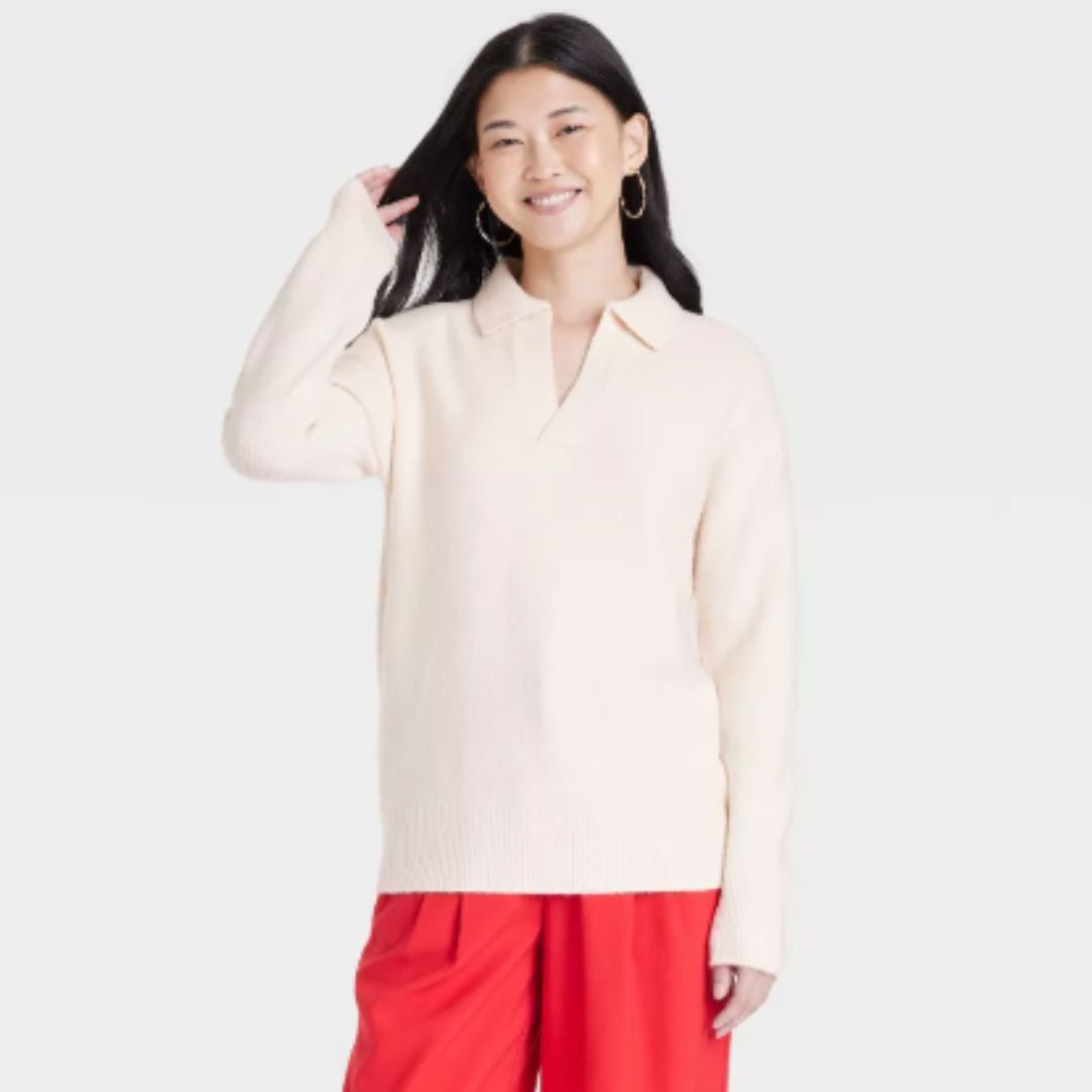 A New Day Women's Cozy Knit Polo Collar Pullover Sweater Cream Size Small