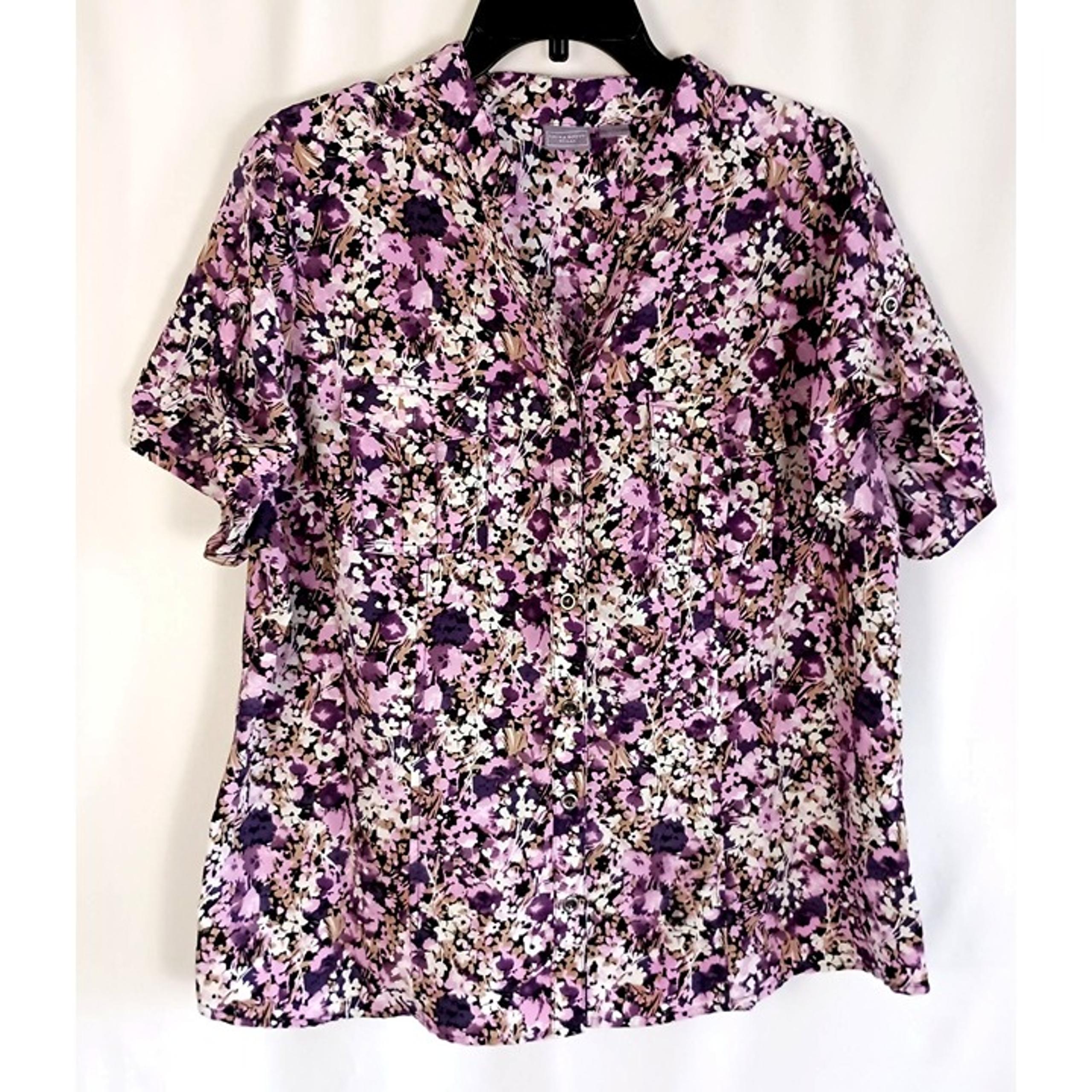 Laura Scott Woman Floral Blouse Plus Size 16 Purple Button Front Top