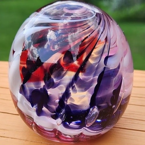 Beautiful Handblown Monte Dunlavy Glass Paperweight in Purple, Magenta & White