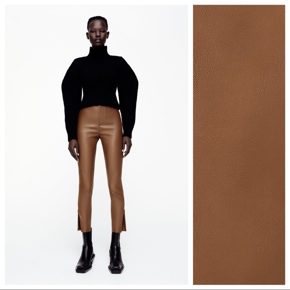 NWOT. Zara Brown Faux Leather Leggings. Size S.