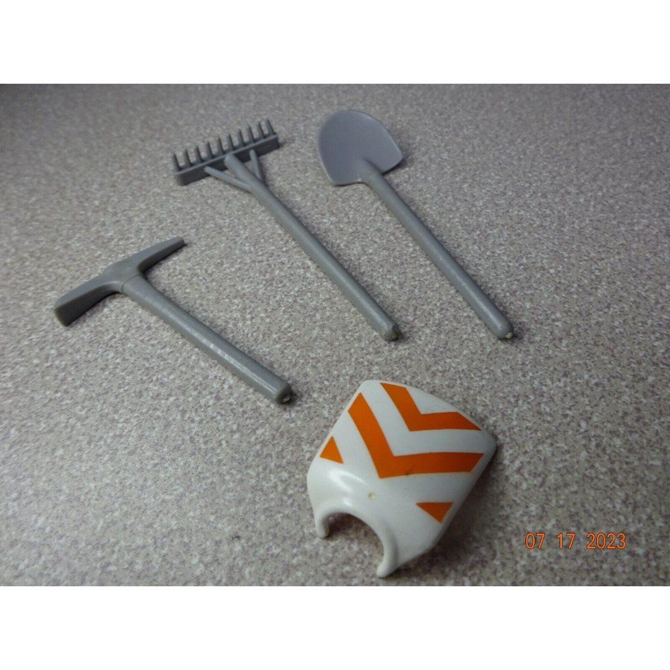 Lot of 4, Vintage 1974 Playmobil Public Works Tools - Rake, Shovel, Pick, Vest