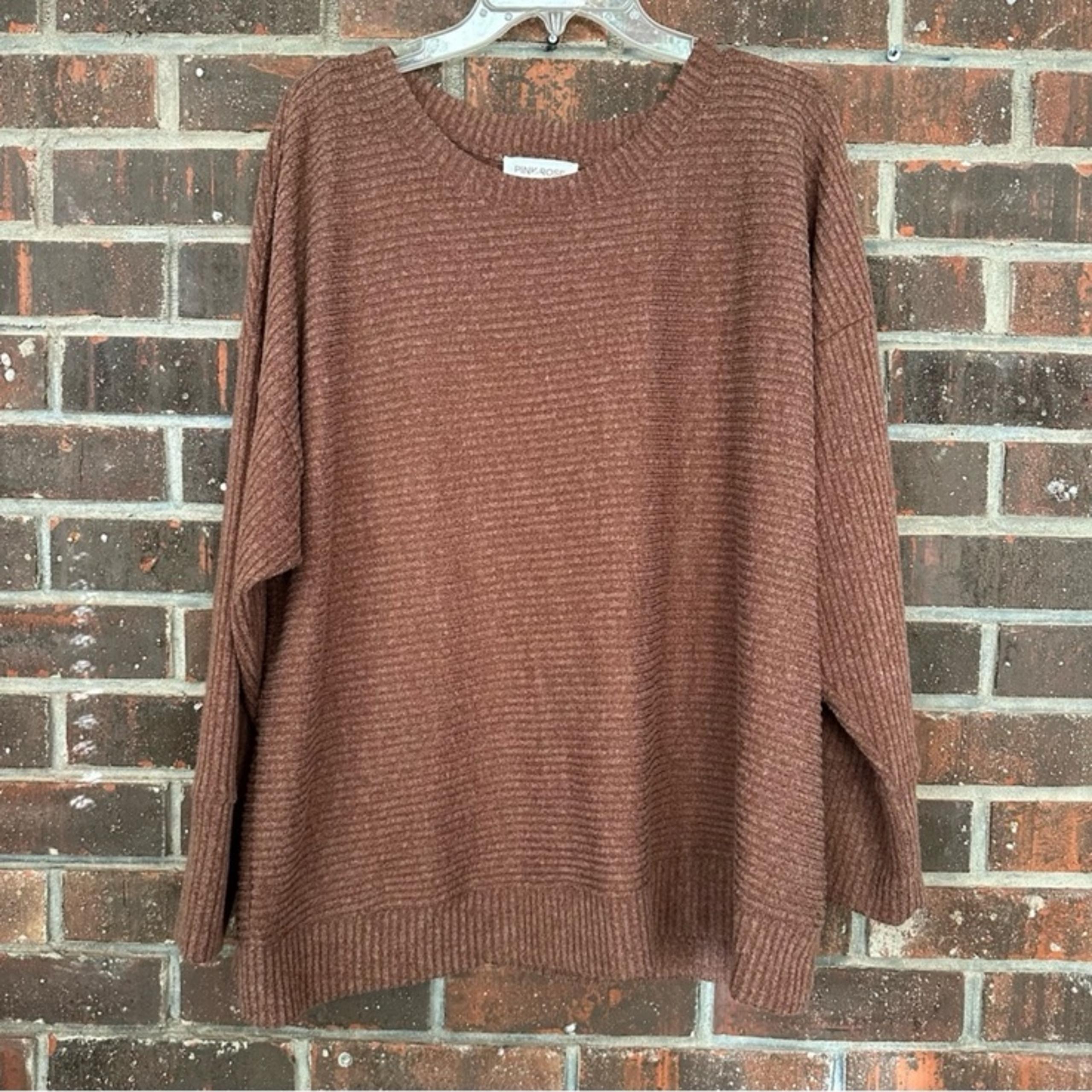 NWOT Brown Pink Rose Plus Size Long Sleeve Ribbed Top