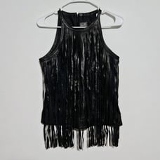Cusp Neiman Marcus Leather Halter neck Blouse Sz S Fringe Black Boho Biker