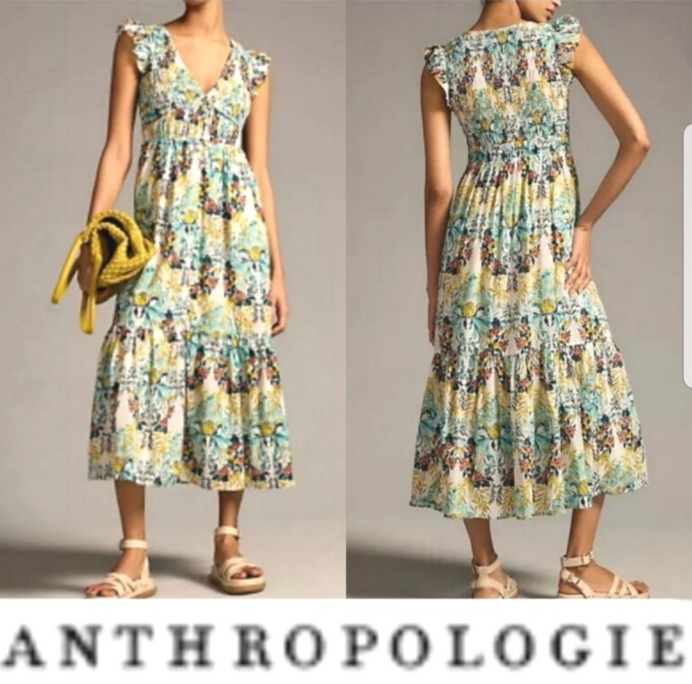 Anthropologie The Peregrine Midi Dress Floral Button up Ruffle Sleeve Casual NWT