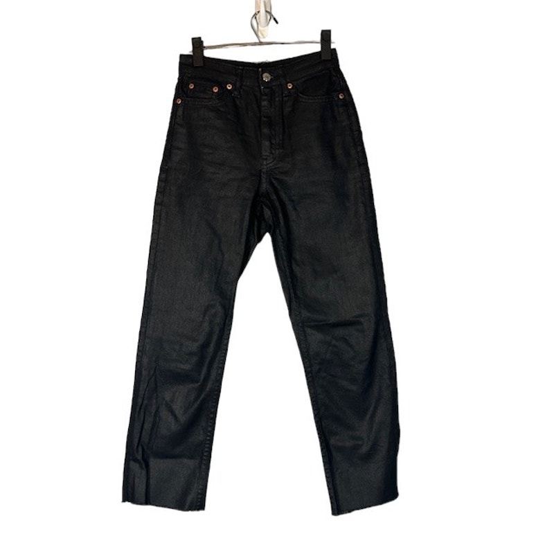 Topshop Black Wax Coat Straight Leg Raw Hem Denim Jeans Women Sz 25/32