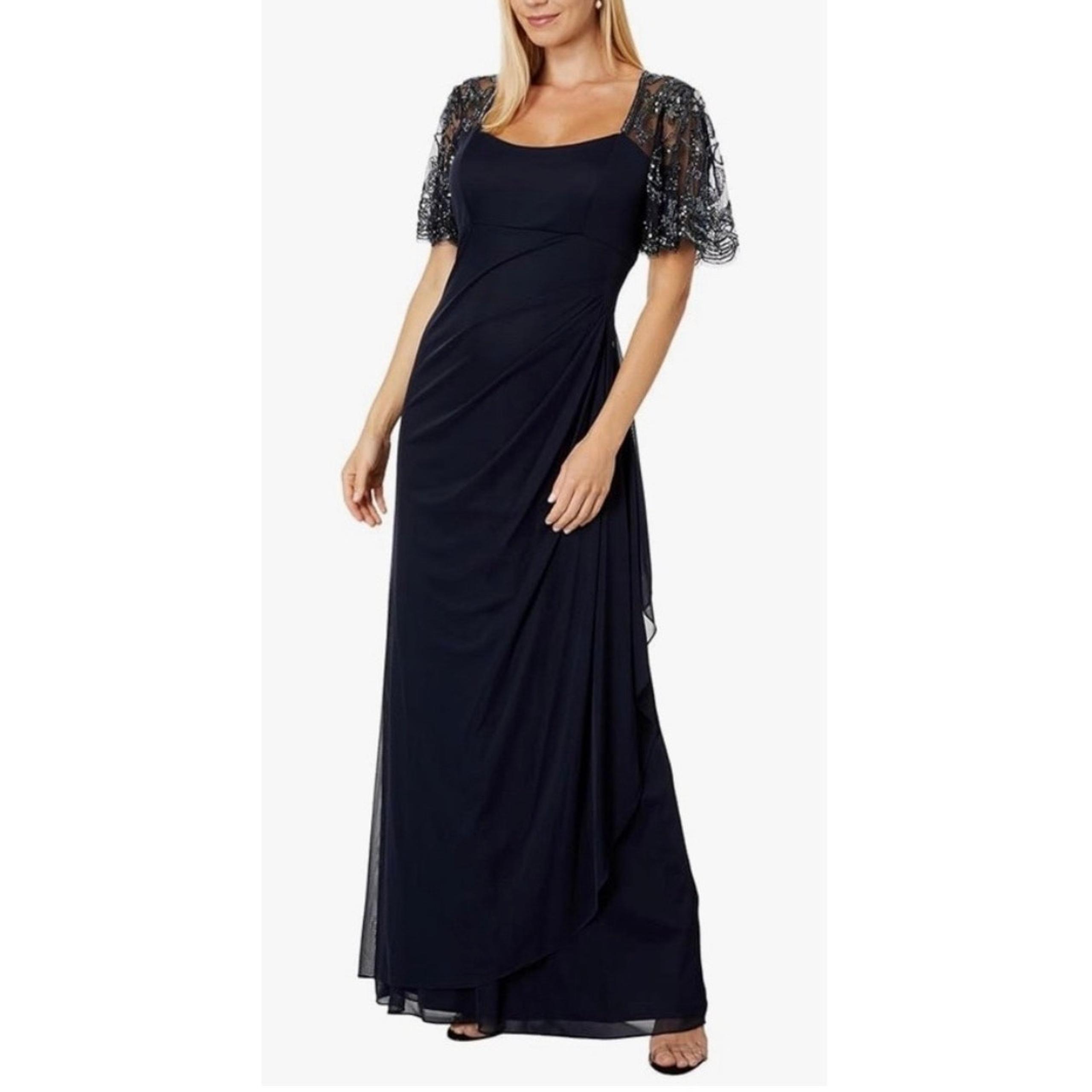 NEW NWT Xscape 5059X Navy Maxi Gown Flutter Sleeve size 10