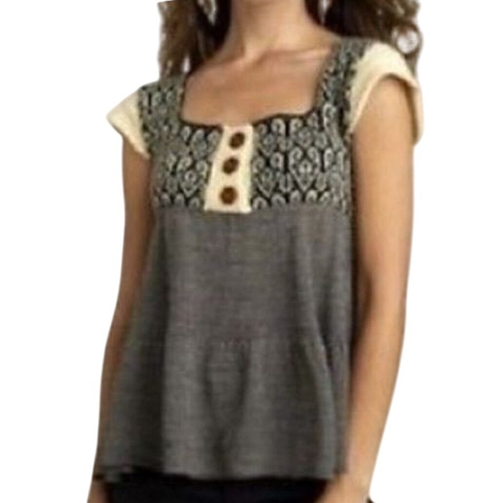 Free People Black & Cream Ikat Houndstooth Empire Waist Babydoll Sweater Top