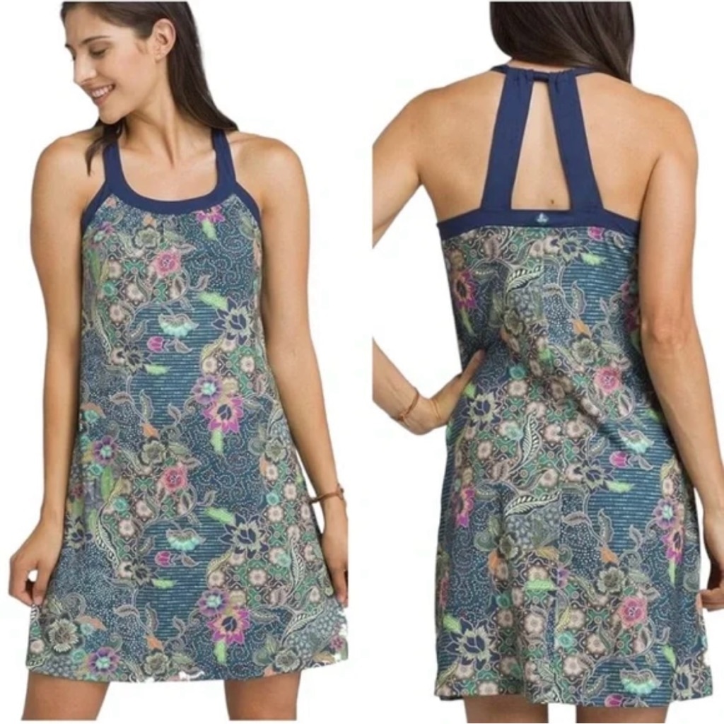 Women's prAna Cantine Athletic Dress XL Blue Floral Print Built in Bra