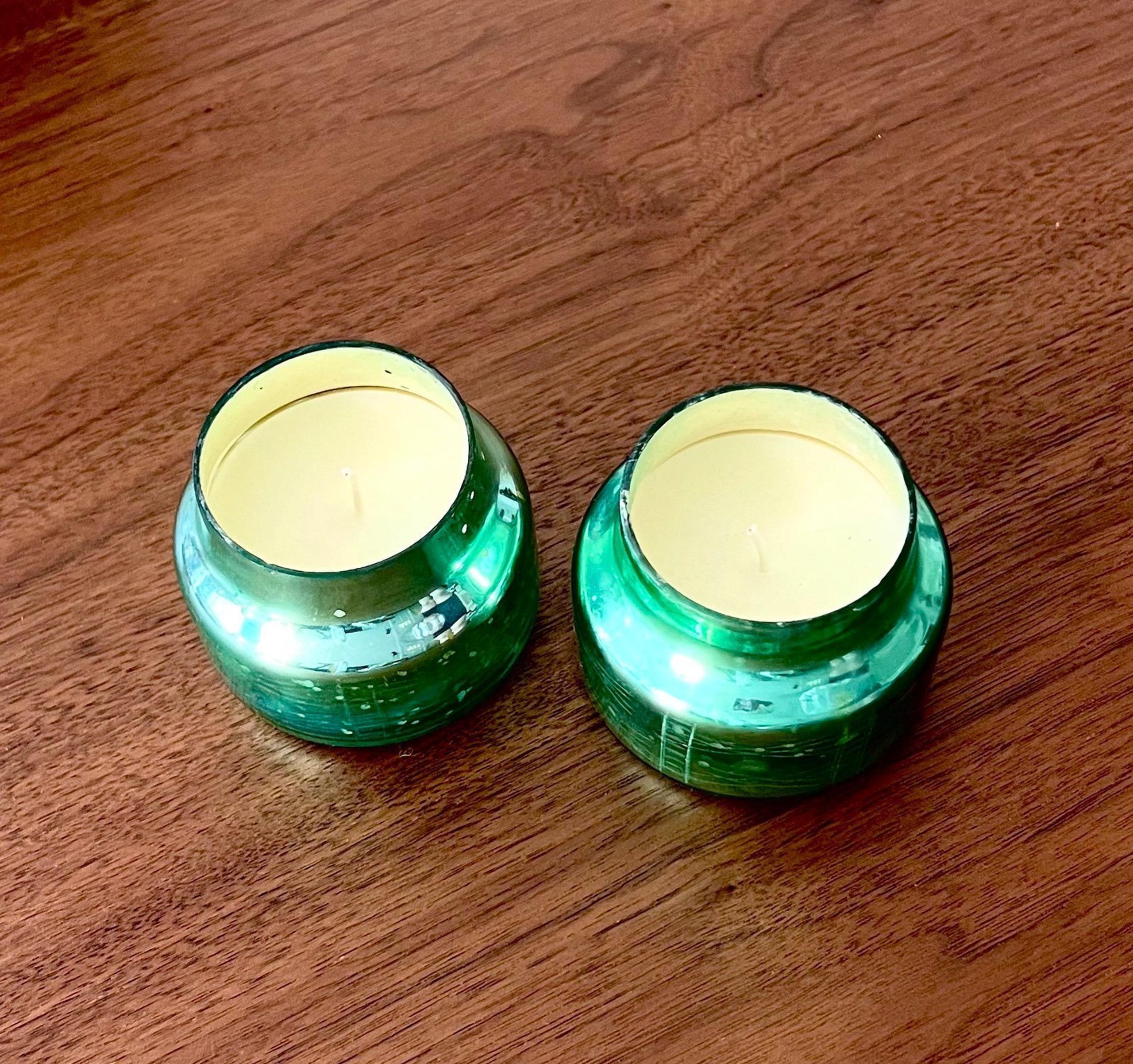 Set of 2 Capri Blue Mini Volcano Green Mercury Glass Jar Candles